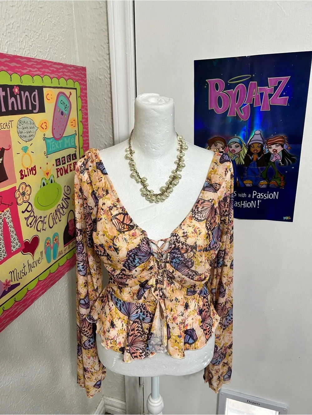 Butterfly Print Peplum Blouse - Peach Floral - Picture 1 of 8